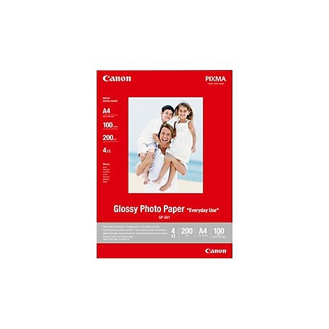 Rote Packung Canon Glossy Fotopapier im A4-Format mit einem Bild einer Familie am Strand.