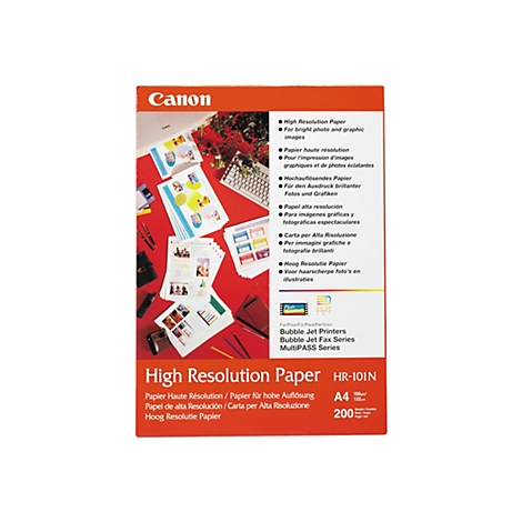 Canon High Resolution Papier Packung im A4 Format mit 200 Blatt auf rotem Untergrund mit Druckbeispielen.