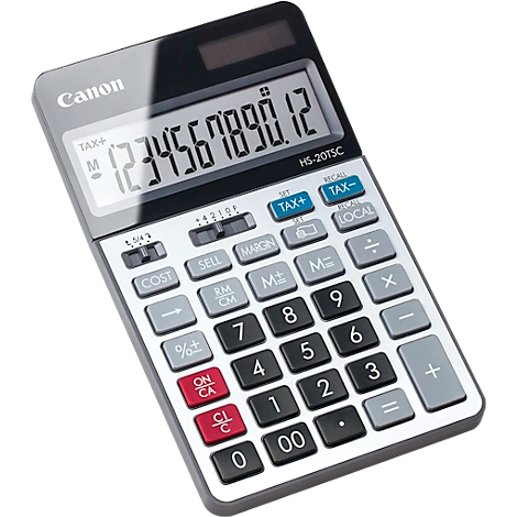 Ein grauer Canon-Taschenrechner mit schwarzen Tasten zeigt Zahlen an. Oben steht die Anzeige 1234567890,12.