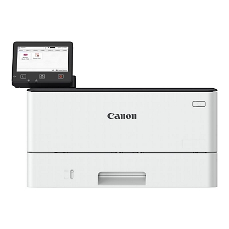 Weißer Canon-Laserdrucker. Mit schwarzem Bedienfeld, Bildschirm mit Icons. Canon-Logo zentral platziert.