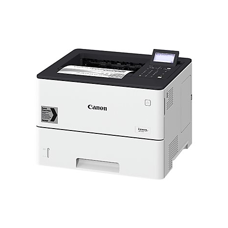 WeiÃŸ-schwarzer Canon-Laserdrucker. Papier liegt im Fach. Bedienfeld auf Oberseite.