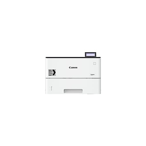 WeiÃŸer Canon Laserdrucker mit schwarzem Bedienfeld und Display. Rechts oben der Power-Knopf, vorne links Aufkleber.