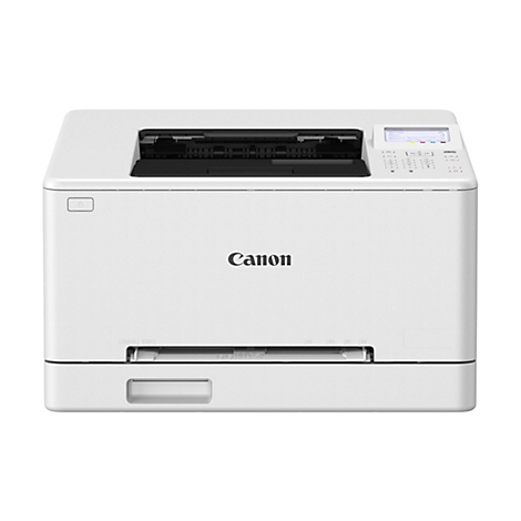Weißer Canon Laserdrucker, Frontansicht. Power-Knopf links, Display rechts, darunter Tasten. Logo, Papierausgabe unten.
