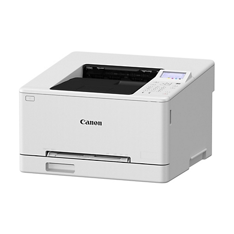 Ein weißer Canon-Laserdrucker vor neutralem Hintergrund. Auf der Oberseite befindet sich eine Ablage. Auf der Front steht Canon, darunter das Papierfach.