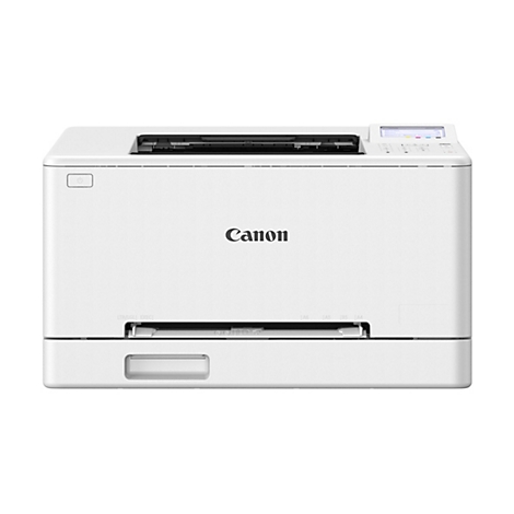 Ein weißer Canon Laserdrucker, Frontansicht. Auf der Oberseite ein Bedienfeld, darunter das Canon-Logo.