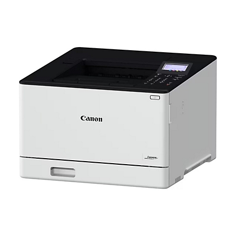 Weiß-schwarzer Canon Laserdrucker, Ansicht von vorne und von der Seite. Auf der Vorderseite befindet sich der Schriftzug Canon.