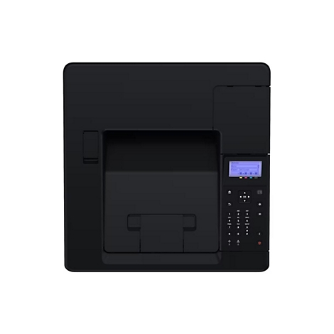 Schwarzer Drucker mit Display und Bedienfeld, Text: "Paper Settings".
