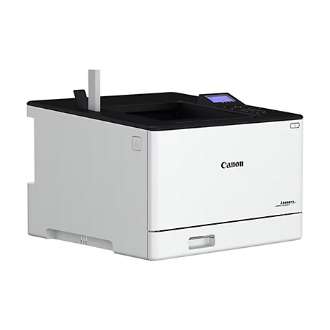 Ein weißer Canon-Laserdrucker vor neutralem Hintergrund. Schwarzer Deckel, Bedienfeld mit Display. Ausgabefach und Papierauswurf.