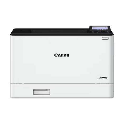 Weißer Drucker von Canon. Oben schwarze Blende mit Display, darunter das Logo.