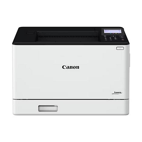 Weißer Canon Laserdrucker, schwarze Oberseite, Bedienfeld, Ein-Aus-Taste.