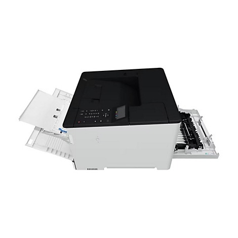 Ein weißer Drucker mit geöffnetem Papierfach und schwarzem Oberteil. Bedienelemente auf der Oberseite.
