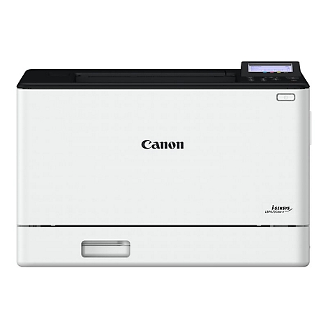 Weißer Canon Laserdrucker, schwarze Oberseite, Display und Schriftzug Canon.