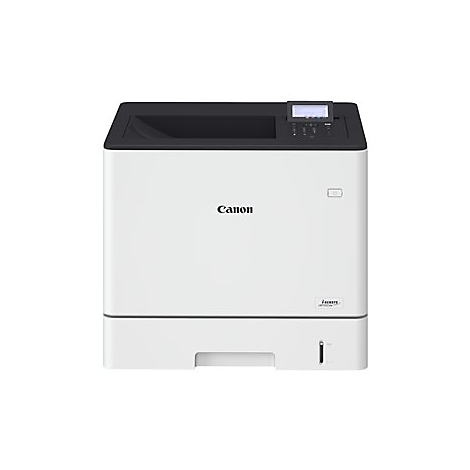 WeiÃŸer Canon-Laserdrucker. Schwarze Oberseite, Bedienfeld, Logo, Papierausgabe.