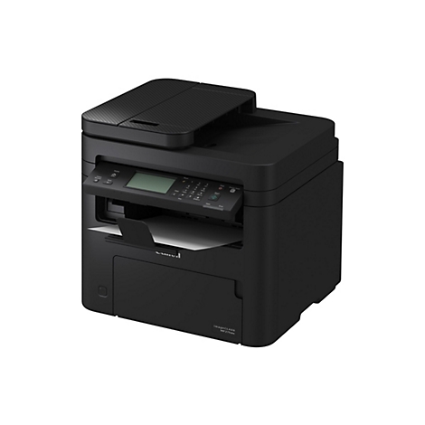 Une imprimante multifonction Canon ImageCLASS MF275dw noire sur fond blanc. Bac à papier avec papier, panneau de commande, couvercle ouvert.