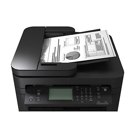 Imprimante noire avec diagramme imprimé. Les commandes et le panneau de commande sont visibles.