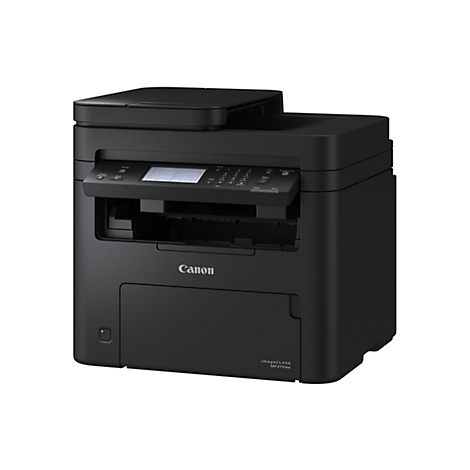 Imprimante Canon noire avec panneau de commande et écran. L'écran affiche des options telles que copier, numériser et faxer. Le logo Canon est bien en évidence.