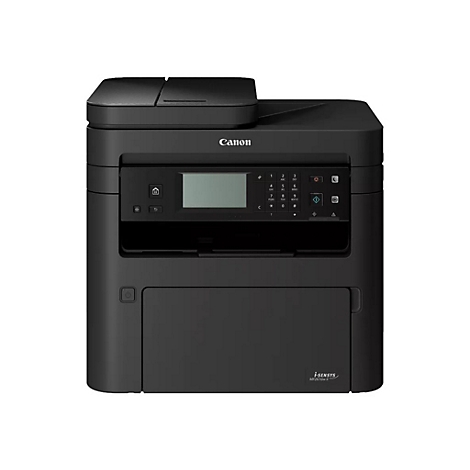 Schwarzer Canon i-SENSYS MF267dw II Multifunktionsdrucker in Frontalansicht vor weißem Hintergrund.