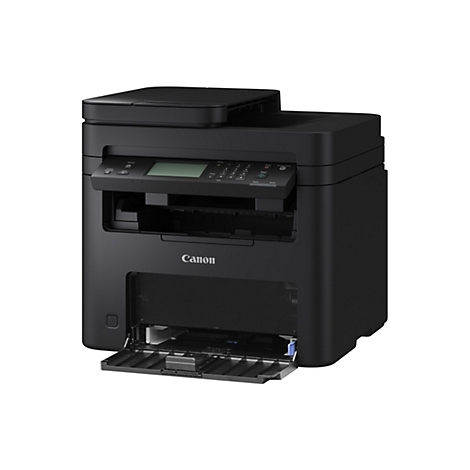Schwarzer Canon Laserdrucker vor weißem Hintergrund mit geöffnetem Papierfach.