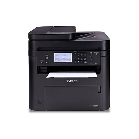 Schwarzer Canon Drucker, Modell MF275dw, mit Papierausgabe. Bedienfeld mit Tasten und Display.