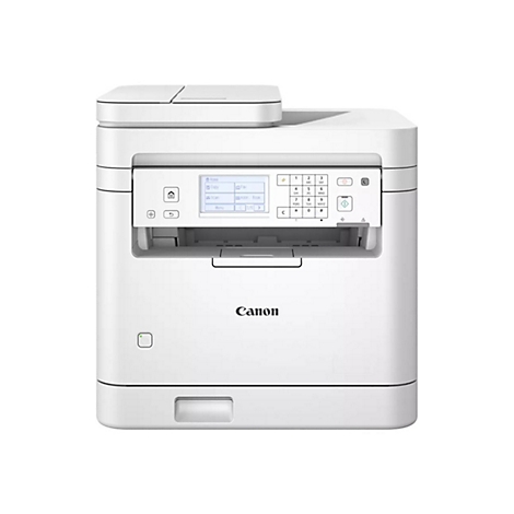Weißer Canon Multifunktionsdrucker vor neutralem Hintergrund. Auf dem Bedienfeld befinden sich Tasten und ein kleines Display.
