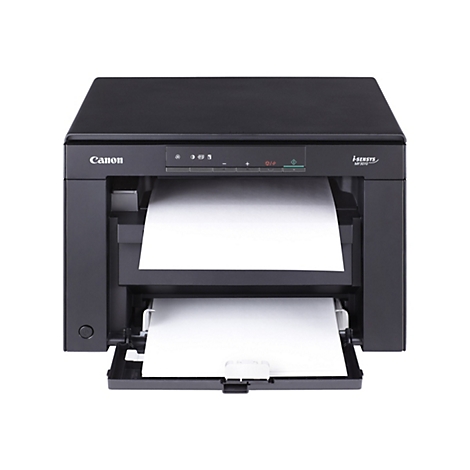 Schwarzer Canon i-SENSYS MF3010 Drucker mit geöffnetem Papierschacht und eingelegtem Papier. Auf der Oberseite befindet sich ein Bedienfeld mit Symbolen.