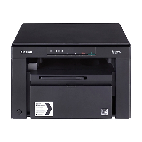 Schwarzer Canon i-SENSYS MF3010-Drucker, Frontansicht. Mit Bedienfeld, Papierfach und Aufkleber 'Quick First-Print'.