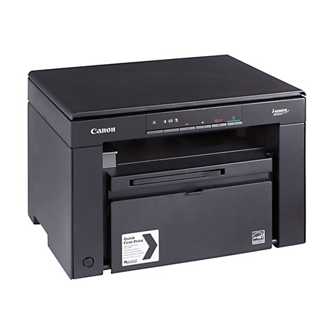 Schwarzer Canon i-SENSYS MF3010 Drucker, der auf weißem Hintergrund steht. Auf dem Drucker sind die Logos von Canon und Energy Star sowie Bedienelemente zu sehen.
