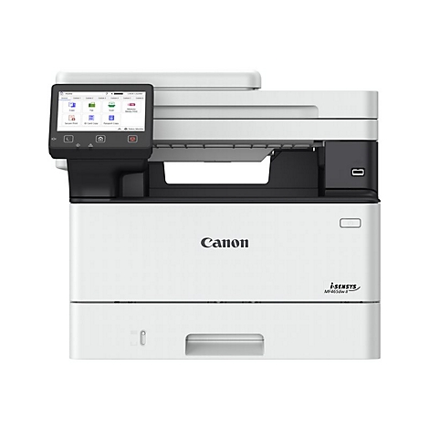 Weiß-schwarzer Canon-Multifunktionsdrucker. Auf dem Touchscreen Symbole für Funktionen wie Kopieren, Faxen und Scannen. 'Canon' und 'i-SENSYS' sind sichtbar.