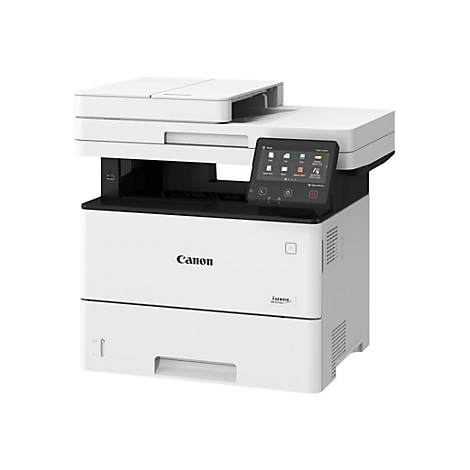 Ein weißer Canon-Multifunktionsdrucker. Das Gerät hat ein Touchscreen-Display und eine eingebaute Scan-Einheit.