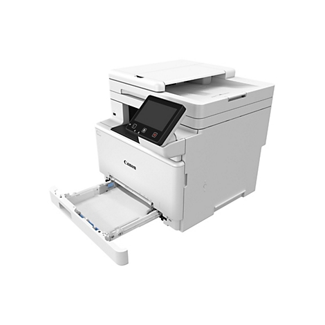 Ein weißer Canon-Multifunktionsdrucker. Der Papiereinzug ist geöffnet. Auf dem Touchscreen sind Symbole zu sehen.