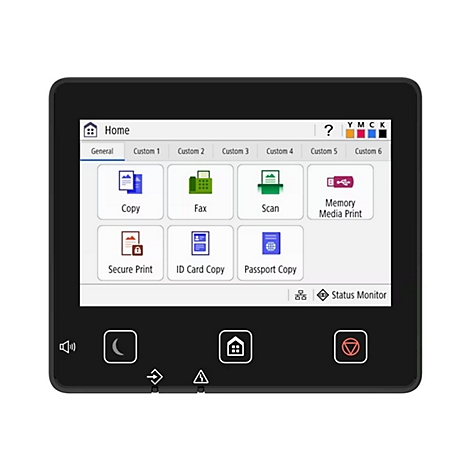 Schwarz gerahmter Touchscreen, Home-Ansicht mit Funktionen wie Kopieren, Scannen, Faxen, sicheres Drucken, etc. Auf dem Display-Rand befinden sich Bedienknöpfe.