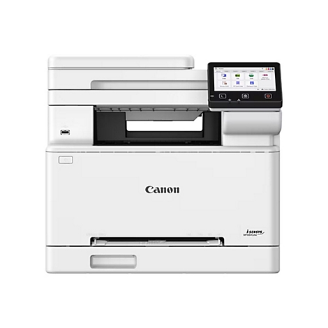 Weißer Canon i-SENSYS MF664Cdw Drucker, Display mit Funktionen. USB-Anschluss und Ein/Aus-Schalter.