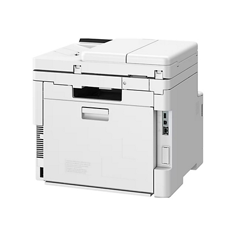 Weißer Drucker vor neutralem Hintergrund. Auf der Rückseite Anschlüsse und ein kleiner Aufkleber.