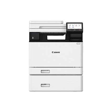 Ein weißer Canon-Multifunktionsdrucker. Er hat ein Bedienfeld mit Touchscreen und Tasten. Darunter ist das Canon-Logo.