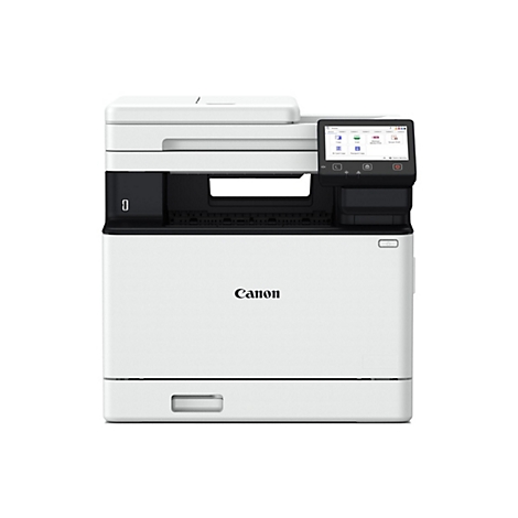 Ein weißer Canon-Multifunktionsdrucker. Auf dem Display sind verschiedene Funktionen abgebildet.