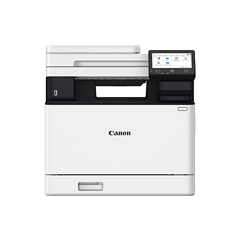 Ein weißer Canon-Multifunktionsdrucker. Das Bedienfeld zeigt verschiedene Funktionen an. Das Canon-Logo ist prominent platziert.
