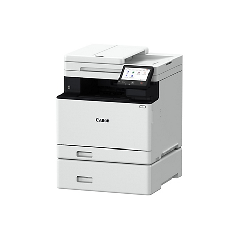 Ein weißer Canon-Multifunktionsdrucker. Er hat ein Bedienfeld mit Touchscreen, eine Papierausgabeschublade und das Canon-Logo.