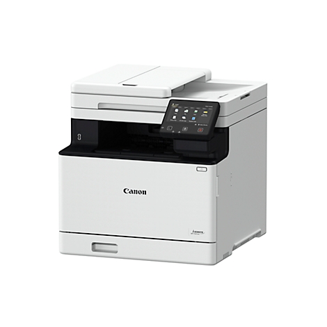 Een witte Canon multifunctionele printer met een touchscreen bedieningspaneel, zwarte accenten en het Canon logo op de voorkant.