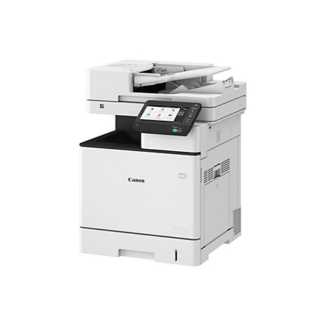 Weißer Canon-Multifunktionsdrucker mit Touchscreen, Papierfach und dem Canon-Logo.