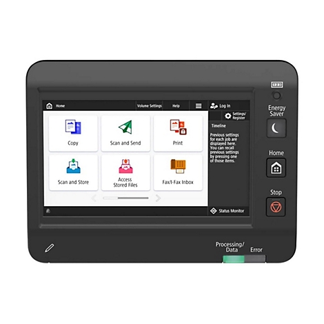 Schwarzes Multifunktionsgerät mit Touchscreen. Auf dem Bildschirm Icons für Kopieren, Scannen, Drucken und mehr. Rechts Knöpfe für Home, Stopp und Energiesparen.