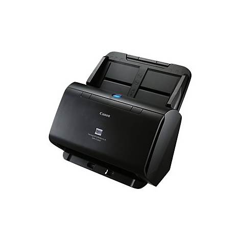 Schwarzer Canon-Scanner mit geöffnetem Deckel, blaue LED leuchtet. Aufschrift: ImageFormula DR-C240.