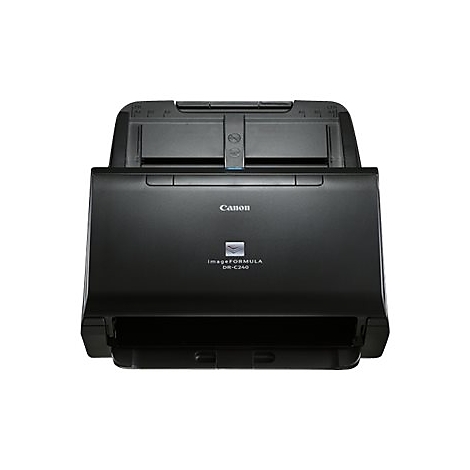 Schwarzer Canon Scanner, Modell DR-C240. Oben ist ein Einzug, Canon Logo. Unten ist der Ausgabeschlitz.