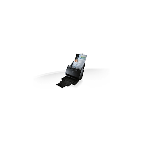 Ein schwarzer Canon-Scanner scannt ein Dokument. Das Gerät steht auf weißem Grund.