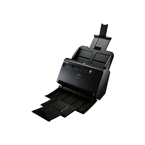 Schwarzer Canon-Scanner. Oben ist ein Papiereinzug zu sehen, darunter eine Bedienoberfläche.