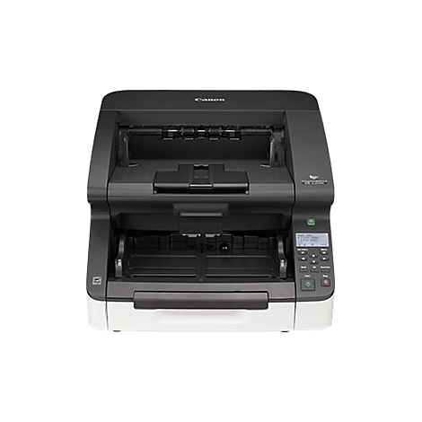 Ein schwarzer Canon-Scanner. Oben steht der Markenname. Unten gibt es ein Display mit Knöpfen.