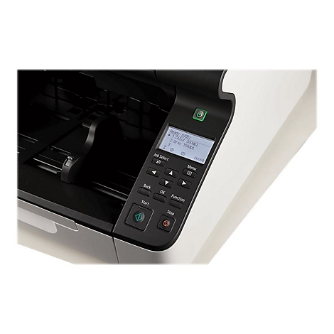Detailaufnahme eines Druckers. Schwarzes Bedienfeld mit Display und Tasten, darunter Start und Stopp. Text auf dem Display.