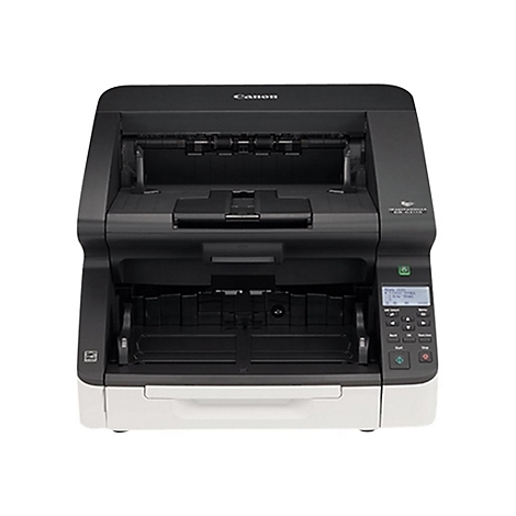 Ein schwarzer Canon-Scanner mit weißer Basis. Oben steht der Name Canon. Rechts befindet sich ein Bedienfeld mit Tasten und einem Bildschirm.
