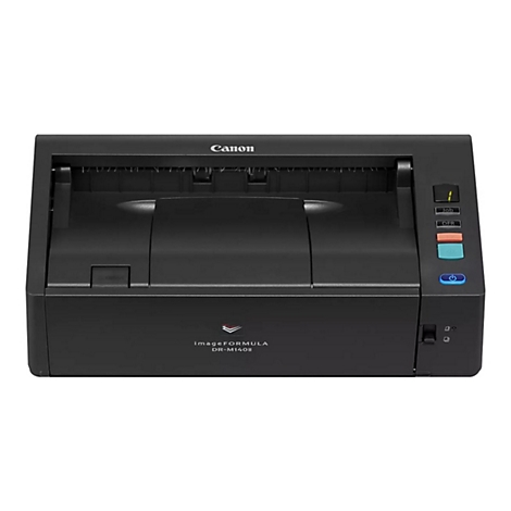 Schwarz-grauer Canon-Scanner. Auf der Oberseite steht Canon. Rechts befinden sich Tasten. Unten steht imageFORMULA DR-M140II.