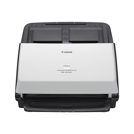 Un scanner Canon gris sur fond blanc. Le scanner est ouvert.