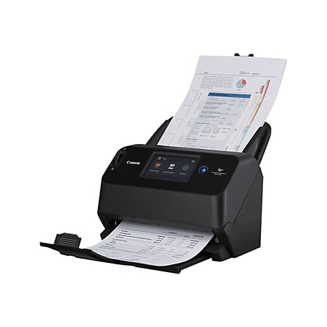 Ein schwarzer Canon-Dokumentenscanner, in den von oben ein Blatt Papier eingelegt wird, das oben herausragt und mit Text bedruckt ist. Unten liegt das gescannte Dokument.